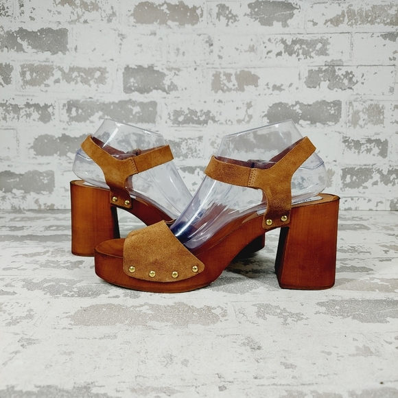 NEW Steve Madden Alabama Platform Brown Suede Wooden Studded Sandals 133 - Picture 4 of 12